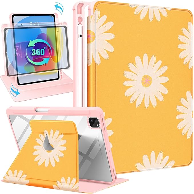for iPad Air 11 inch Case Air 5th/4th Generation 10.9 Pro 11'' Case Women Girls for Apple Pencil Holder Girly Cute Yellow Flower Rotating Folio Cover for iPad Air 5/4 (2022/2020)/Pro 11
