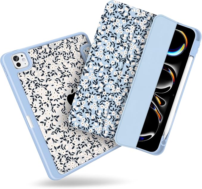 MecBevia Case for iPad Pro 11 inch M5 2025 / M4 2024 (6th/5th Gen) A3357 A3358 A3359 A2836 A2837 A3006 – Built-in Pencil Holder &amp Auto Wake/Sleep Vintage Ditsy Floral