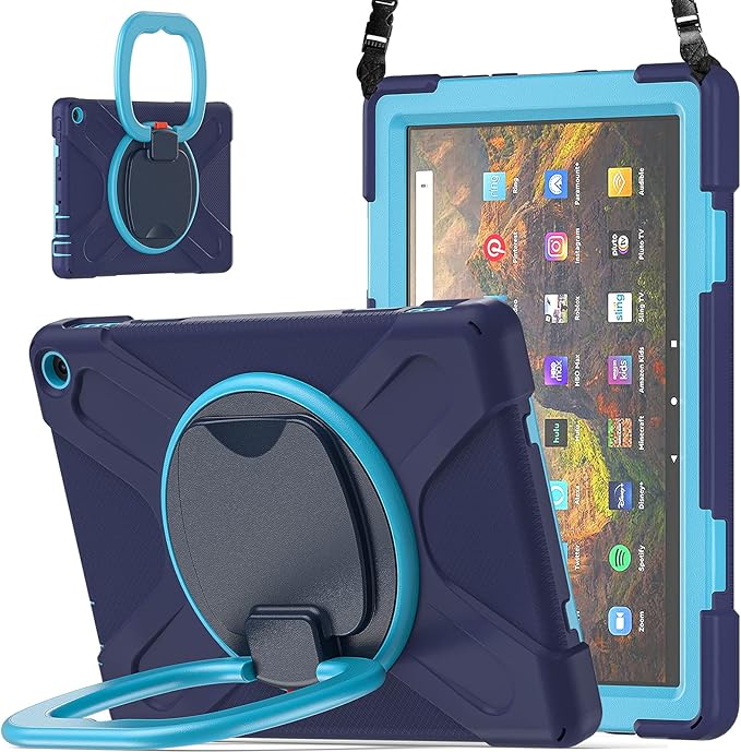 360 ° Rotation Portable Case for Fire HD 10 &amp 10 Plus Tablet（11th Generation 2021 Release Rugged Case Rotating Stand Hand Strap Shoulder Carrying Strap Outdoor Cover (Navy+Blue)