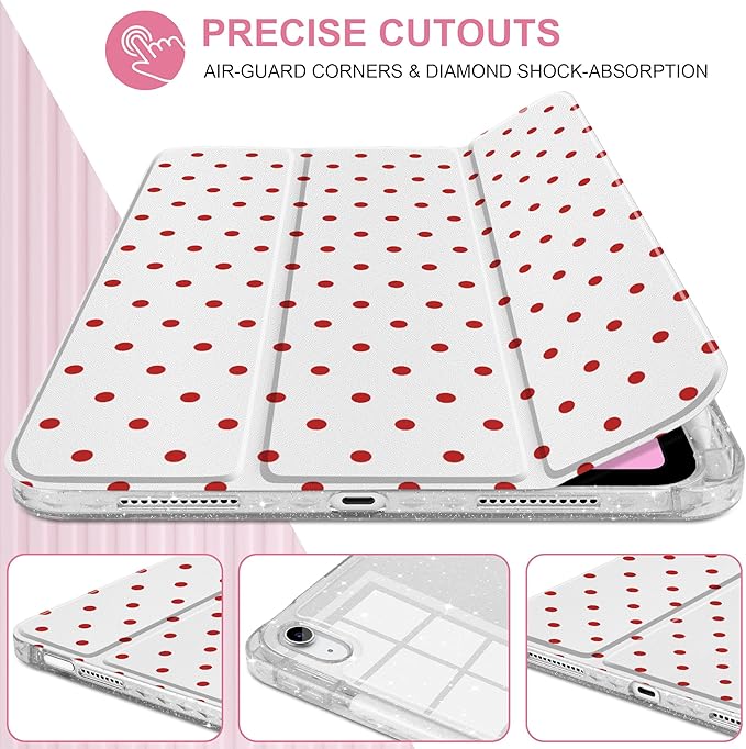 MEEgoodo Case for iPad A16 11th Generation 2025/10th Generation 2022 Glitter Tablet Cases with Transparent Acrylic Back+Trifold Stand +Pencil Holder+Auto Wake/SleepRed Polka Dots