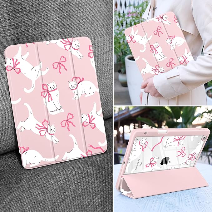MEEgoodo Case for iPad 10.2 inchTablet Cases for iPad 9th Generation 2021/8th Gen 2020/7th Gen 2019 with Clear Acrylic Back Shell+Pencil Holder+Auto Wake/Sleep+Trifold StandCute White Cats &amp Bow