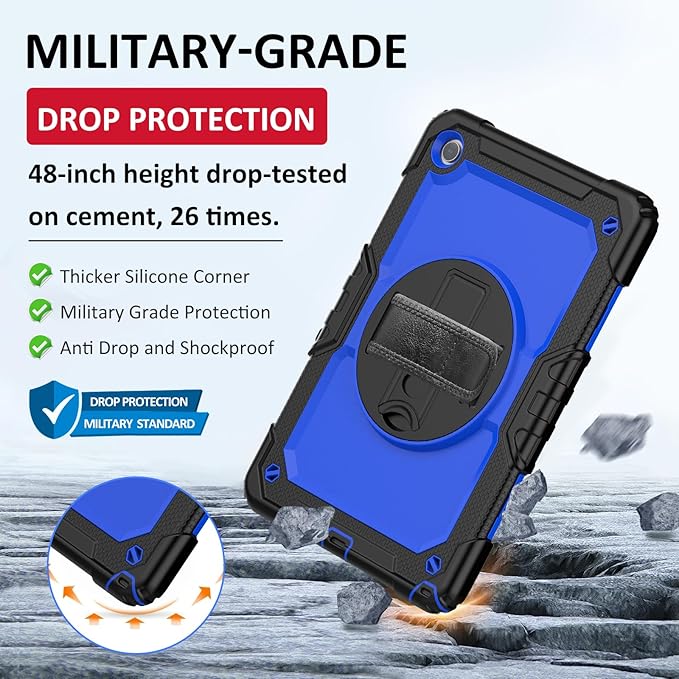 Ambison Case for Samsung Galaxy Tab A9+ Plus 11'' 2023 [Kids Proof] Full Body Protective Case with 9H Tempered Glass Screen Protector 360° Rotatable Kickstand &amp Hand Strap (Blue)