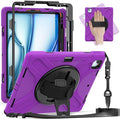 for iPad Air 13-inch M2 (2024) A2898/A2899 for iPad Pro 12.9 Rugged Case Portable Heavy Duty Shock-Proof Armor Cover with Swivel Kickstand/Hand Grip Shoulder Strap Pencil Holder (Purple)