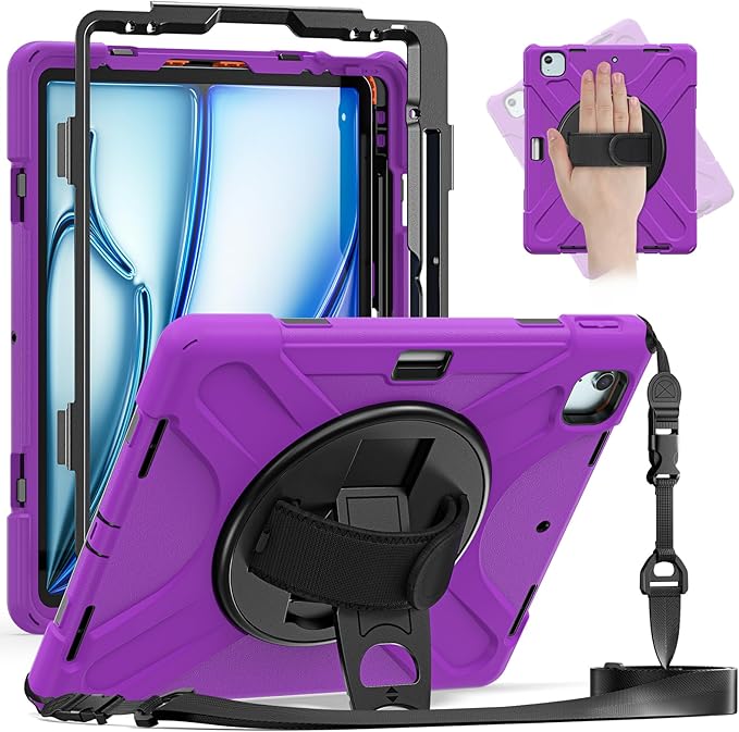 for iPad Air 13-inch M2 (2024) A2898/A2899 for iPad Pro 12.9 Rugged Case Portable Heavy Duty Shock-Proof Armor Cover with Swivel Kickstand/Hand Grip Shoulder Strap Pencil Holder (Purple)