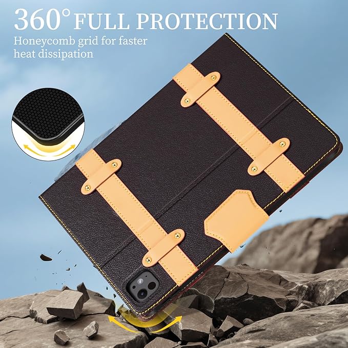 iPad Case for iPad Pro 13 Inch (M5/M4) 2025/2024Leather Folio Cover with Pencil HolderAuto Wake/Sleep Adjustable StandDetachable Magnetic Closure Protection Case-Multiple Straps Dark Brown