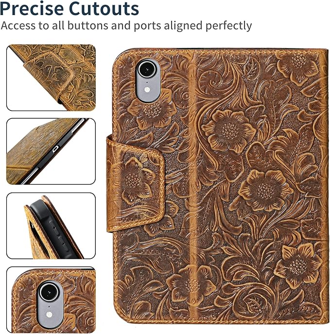 Gexmil Genuine Leather Case for iPad mini 7 (A17 Pro) 2024 / iPad mini 6 Generation 2021 8.3 InchMagnetic ClosurePencil HolderShockproof Cowhide CoverPencil 2 Wireless ChargingFlower Brown