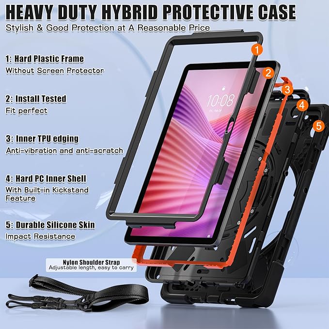 Tablet Case Compatible with Lenovo Tab 10.1(TB-311XU) /K10C TB311FU 2025 Case Protective Heavy Duty Rugged Shockproof Drop Protection Cover Shoulder Strap for Kids Silicone Cover(Black)