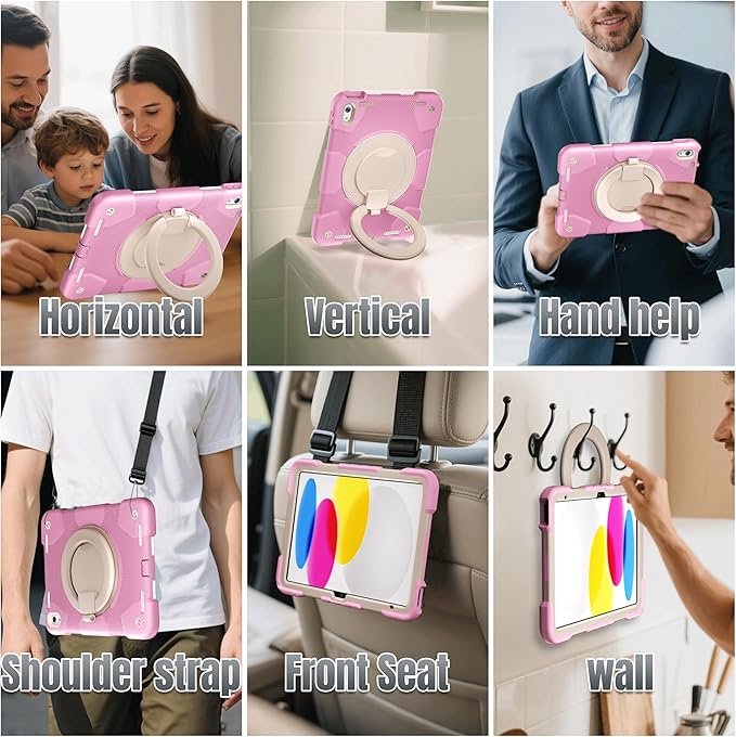 Case for iPad (A16) 11th /10th Generation 11/10.9 Inch 2025/2022 with Screen Protector/360° Rotate Stand/Shoulder Strap/Pencil Holder Shockproof iPad 11th/10th Gen Cover (Pink+White)