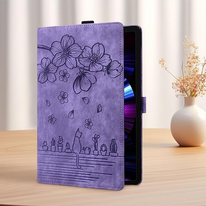 Case for Samsung Galaxy Tab S10 FE+/S10 FE Plus 13.1 Inch 2025 (SM-X620/SM-X626B) with Pencil Holder/Pockets Folio Stand Embossed Cherry Blossom PU Leather Magnetic Wallet Cover Purple Cat