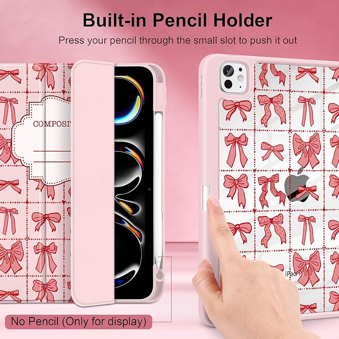 DONGKE for iPad Pro 11-Inch Case (M5 2025 / M4 2024) 6th/5th Generation [Auto Sleep/Wake &amp Pencil Pro Holder] Clear Acrylic Back Smart Trifold Stand Cover Bow Composition Book