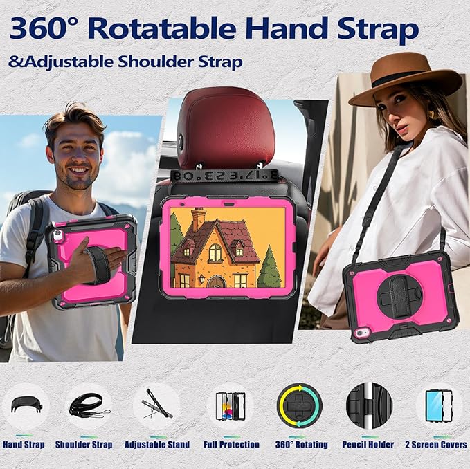 Weuiean Case for iPad A16 11th/10th Generation 11/10.9 Military-Grade Heavy-Duty Shockproof Cover with 360° Rotating Stand Built-in Pencil Holder &amp Adjustable Hand/Shoulder Strap - Pink+Black