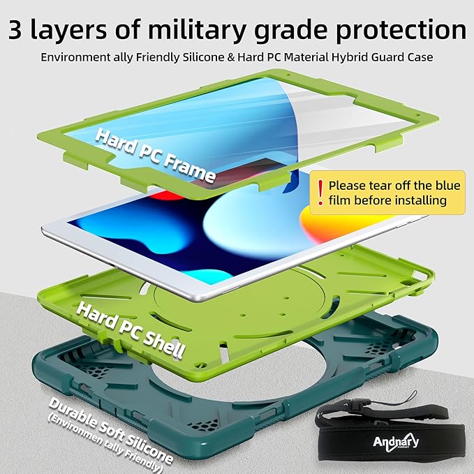 Case for iPad 9th/8th/7th Generation 10.2 inch Shockproof Cover with Screen Protector/360° Rotate Stand/Pencil Holder/Shoulder Strap Kids Case for iPad 2021/2020/2019 (Dark Green+Green)