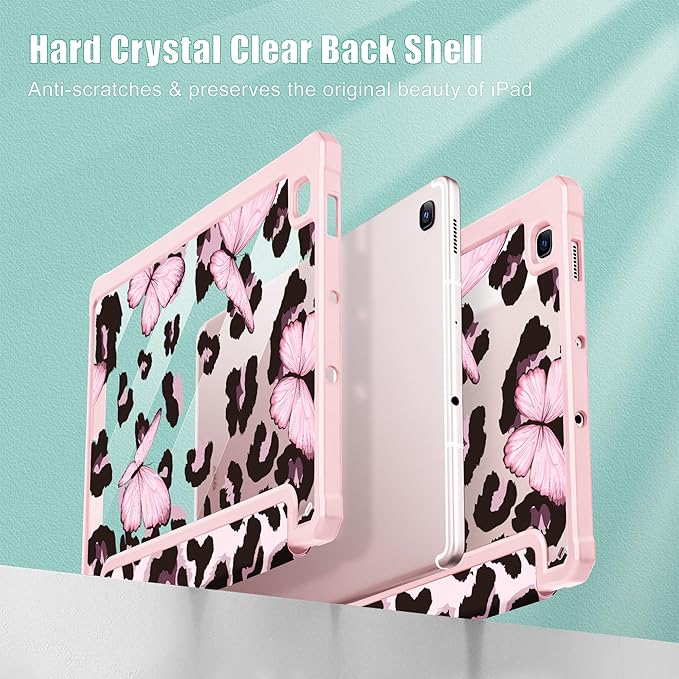 Mektron Case for Samsung Galaxy Tab S6 Lite 10.4 Inch 2024/2022/2020 with S Pen Holder Multi-Angle Viewing with Shockproof Cover Clear Shell + Trifold Stand + Auto Wake/Sleep Leopard Pink Butterfly