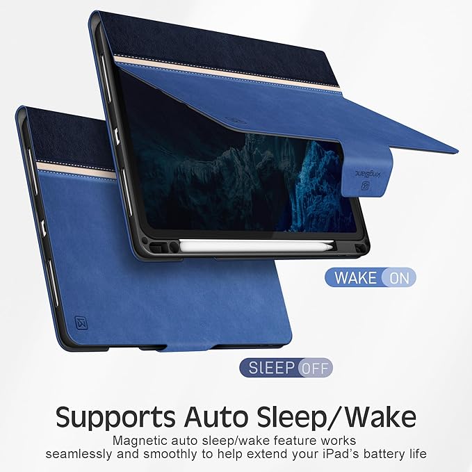 KingBlanc Case for iPad Pro 13 inch (M5 2025/M4 2024) with Pencil Holder Vegan Leather Stand Cover Auto Sleep/Wake Support Pencil Pro/(USB-C) Viewing/Writing Angles Vintage Notebook Style Blue