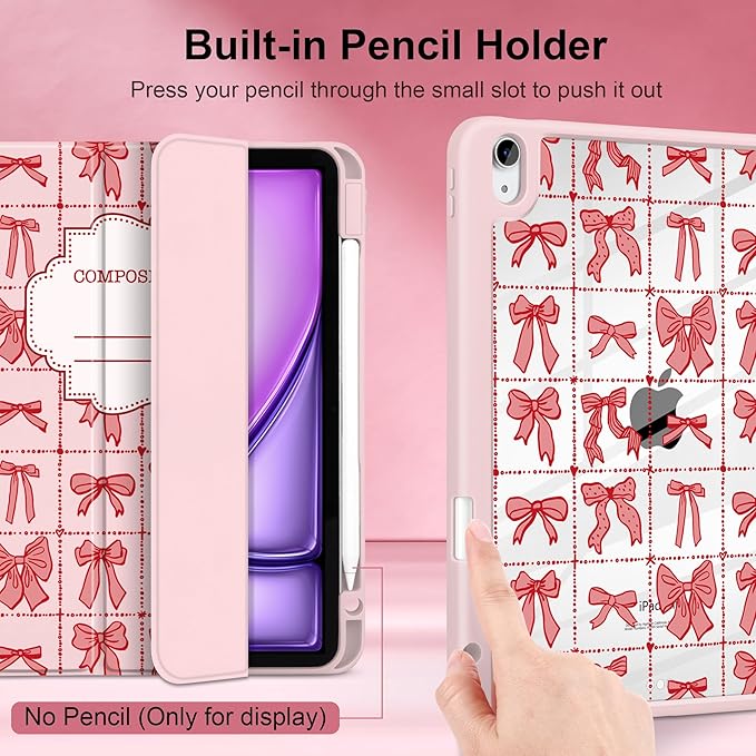 DONGKE Case for iPad Air 11-inch M4 2026 &amp M3 2025 &amp M2 2024 iPad Air 5th/4th Generation 10.9 2022/2020 [Built-in Pencil Holder] Clear Acrylic Back Trifold Stand Smart Cover Bow Compositio