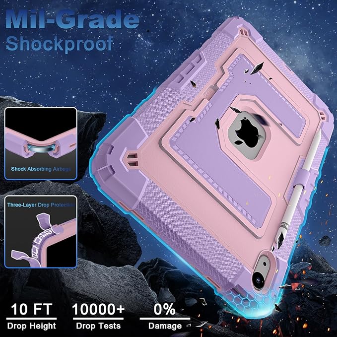 WESOROL Case for iPad A16 11th/10th Generation 2025/2022 with Pencil Holder Shoulder Strap iPad Case 10th Generation Shockproof Cover for iPad 11th/10th Gen CasesPurple Rose