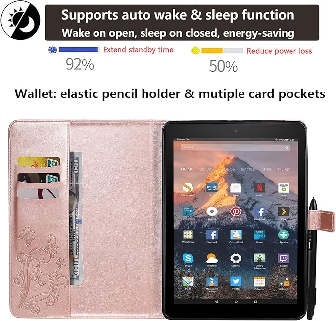 for Kindle Fire HD 10 &amp HD 10 Plus Case 13th/11th Generation 10.1 (2023/2021) Stand Embossed PU Leather Magnetic Wallet Cover with Pencil Holder/Pockets [Auto Wake/Sleep] Rosegold Butterfly