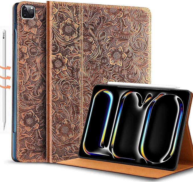 Gexmil Genuine Leather Case for iPad Pro 11 Inch (M5/M4) 2025/2024 with Adjustable StandProtective Shockproof Premium Leather Smart Folio Cover Auto Sleep/Wake Anti-Slip Flower Brown