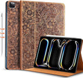 Gexmil Genuine Leather Case for iPad Pro 11 Inch (M5/M4) 2025/2024 with Adjustable StandProtective Shockproof Premium Leather Smart Folio Cover Auto Sleep/Wake Anti-Slip Flower Brown
