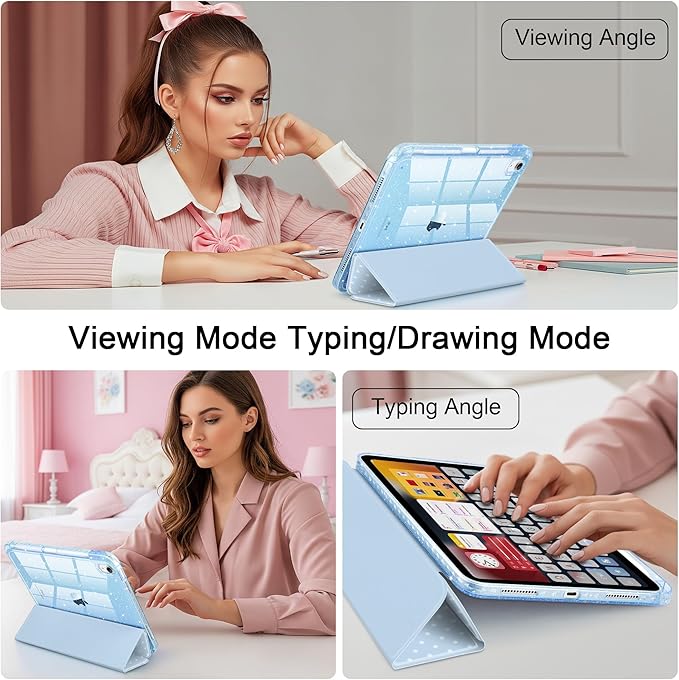 DONGKE for iPad Case 9th/8th/7th Generation 10.2 Inch (2021/2020/2019) Shockproof Glitter Acrylic Back with Trifold Stand Pencil Holder &amp Auto Sleep/Wake - Blue Polka Dot