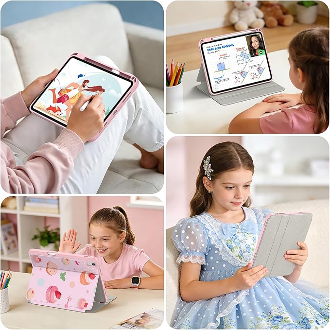 Supveco Case for iPad (A16) 11th Generation 11 inch (2025)iPad 10th Generation 10.9 inch (2022) with Pencil HolderPremium Folio Stand Case with Soft TPU Back CoverAuto Wake/Sleep-Pink Cake