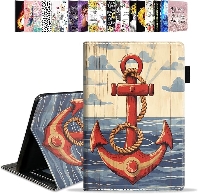 Case for All-New Amazon Kindle Fire HD 10 &amp 10 Plus Tablet 10.1 (13th/11th Generation 2023/2021 Release) - PU Leather Folio Case with Smart Auto Wake/Sleep Nautical Anchor