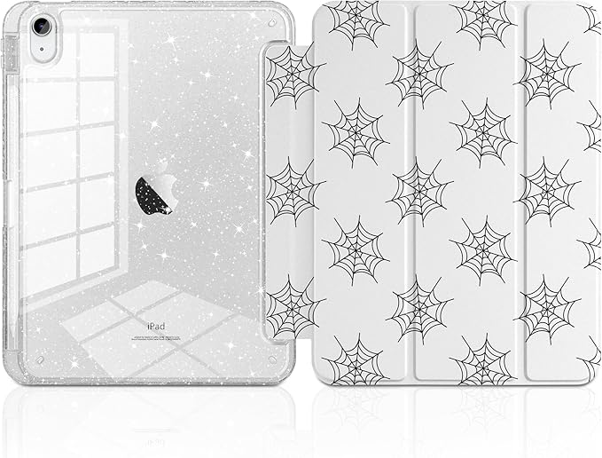 MEEgoodo Case for iPad A16 11th Generation 2025/10th Generation 2022 Glitter Tablet Cases with Transparent Acrylic Back+Trifold Stand +Pencil Holder+Auto Wake/SleepSpiderweb Pattern