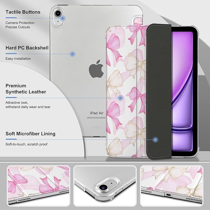 MEEgoodo for M4/M3/M2 iPad Air 11 inch Case 2026 2025 2024Case for iPad Air 5th/4th Generation 10.9 inch 2022 2020 Tablet Cover with Silk Texture &amp PC Clear Back Cover White &amp Pink Bows