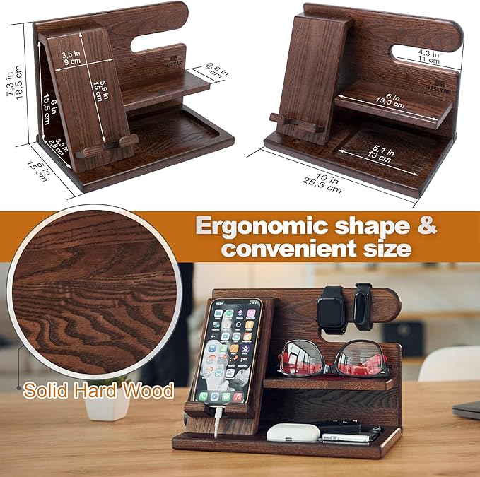 TESLYAR Wood Phone Docking Station for Men - Desktop or Nightstand Organizer - Birthday Gifts for Men Dad - Anniversary Idea from Wife - Key Holder Stand Wallet Watch &amp Essentials (Bourbon Brow