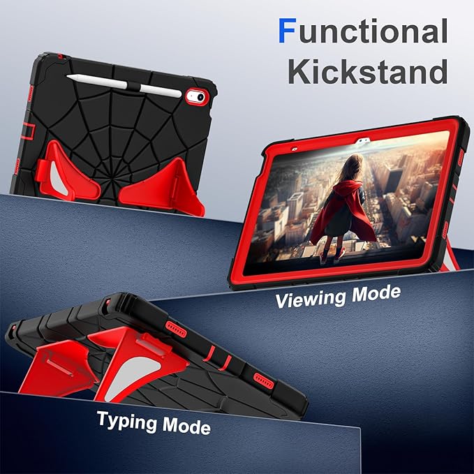 Kids Case for iPad 10th/11th Gen (10.9/11 Inch 2022/2025 A16) – Shockproof 360° Full-Body Protection Cover with Screen Protector Stand &amp Pencil Holder – Boys’ Anti-Drop Design-Black Red