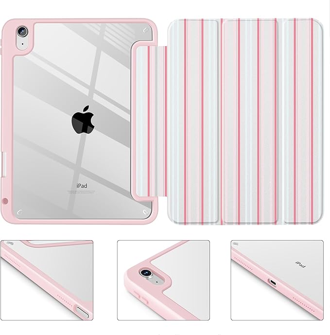 Case for iPad 11 inch A16 2025 Generation 11th / iPad 10.9 inch 2022 10th Gen Buit in Pencil Holder with Shockproof Cover Clear Transparent Back Shell Auto Wake/Sleep Elegant Stripes