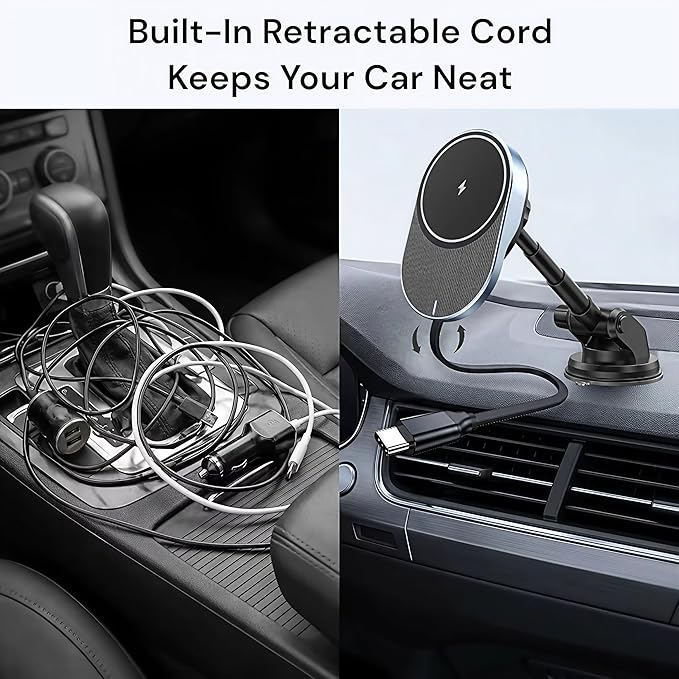 IJS Magnetic Wireless Car Charger with Built-in Retractable Cable – Extendable Windshield &amp Dashboard Phone Mount – 15W Magsafe Compatible – Fast Charging for iPhone 17/16/15/14/13/12 Samsung Pi
