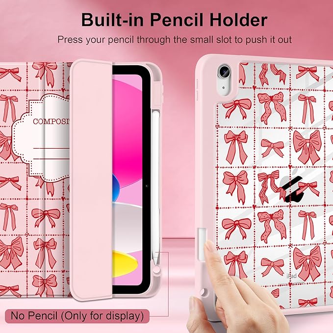 DONGKE Case for iPad (A16) 11th Generation 11 inch 2025 &amp iPad 10th Gen 10.9 inch 2022 [Built-in Pencil Holder] Clear Acrylic Back Trifold Stand Smart Cover Auto Sleep/Wake Bow Composition Book