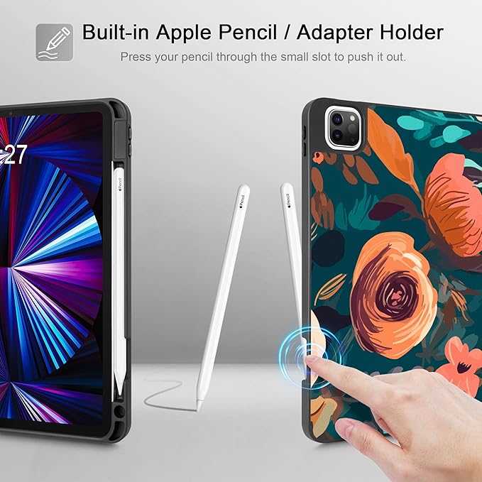 May Chen Case for iPad Pro 11 inch (4th 3rd 2nd &amp 1st Gen) 2022 2021 2020 2018 Trifold Stand + Pencil Holder + Auto Wake/Sleep + Soft TPU Protective Stand Back Cover Abstract Florals