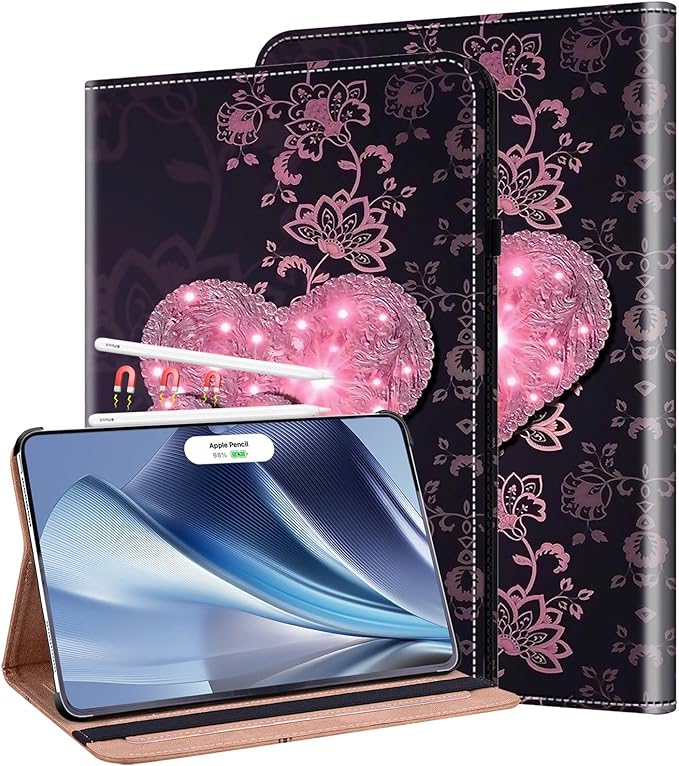 ALILANG Case for iPad Pro 13 inch M5/M4 (2025/2024) Tablet Case PU Leather Shockproof Folding Stand Cover with Card Holder and Pen Holder -Lace Peach