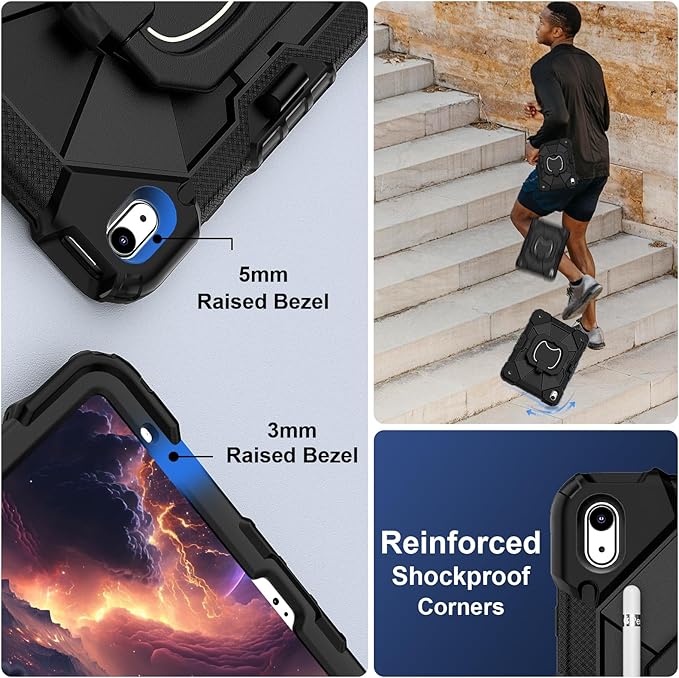 Case for iPad (A16) 11th Generation 11 Inch (2025) / iPad 10th Generation Case 10.9 Inch (2022) with 360° Rotating Stand Screen Protector Pen Holder Shoulder Strap Black