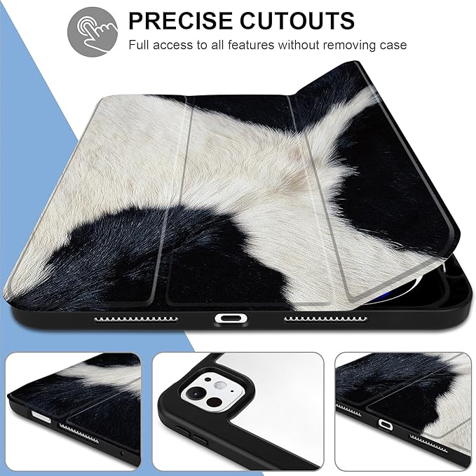 TWOLSKOO Case for iPad Pro 11-inch (M5 2025 / M4 2024) Clear Acrylic Back with TPU Bumper Pencil Holder Trifold Stand Auto Sleep/Wake Cow Print