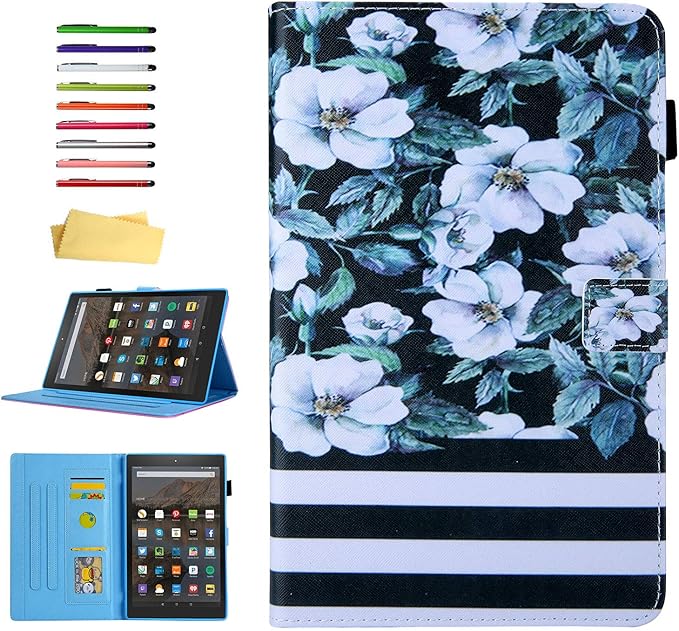 Case for 10.1 Amazon Kindle Fire HD 10 Tablet 9th/7th Generation 2019 and 2017 with Stylus Holder Card Slots [Auto Sleep/Wake] Smart Stand PU Leather TPU Magnetic Folio Cover Pear Flower