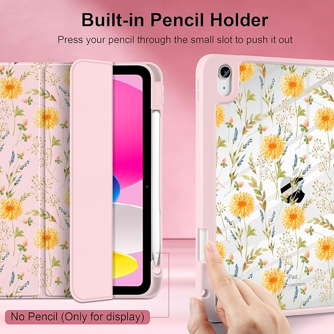 Case for iPad A16 11th Generation 11 inch 2025 iPad 10th Generation 10.9 inch 2022 -[Built-in Pencil Holder] Shockproof Clear Hard Back Trifold Stand Auto Wake/Sleep Yellow Floral