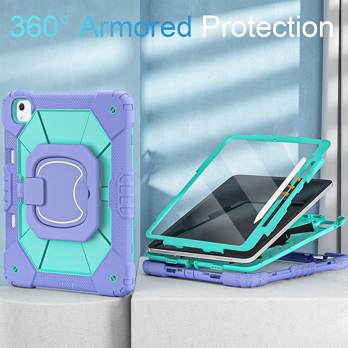 WESOROL Case for iPad Air 13 Inch (M3/M2) 2025/2024 with Pencil Holder/Screen Protector/360° Rotating Stand/Shoulder StrapMilitary Grade Shockproof Cover for iPad Air 13 Inch M2 Case Purple Green
