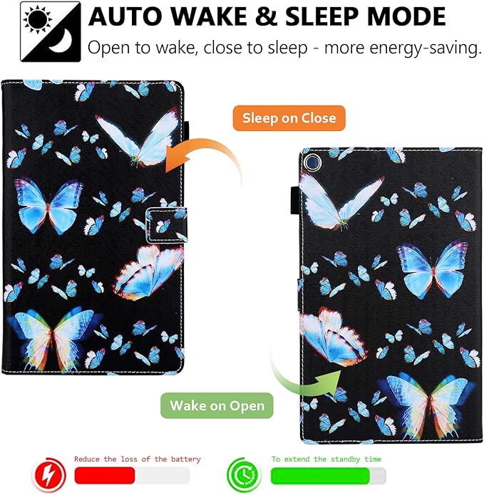 Folio Case for Amazon Fire HD 10 Tablet (5th/7th/9th Generation) Slim Fit Stand Magnetic Soft TPU Back Smart Cover for All-New Fire HD 10 2015/2017/2019 Sleep Mode Blue Butterflies