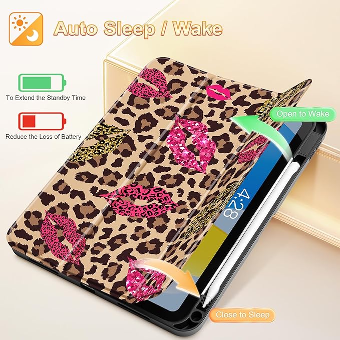 Tuiklol Case for iPad 10.2 Inch 2021 2020 2018 Release 9th / 8th / 7th Generation Built-in Pencil Holder TPU Protective Stand Back Cover Trifold Stand-Auto Wake/Sleep Leopard &amp Mouth