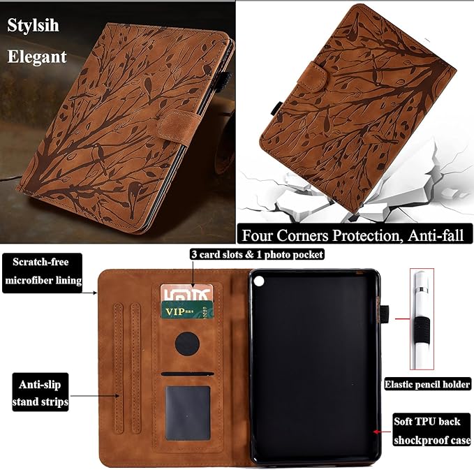 for Amazon Kindle Fire HD 8 &amp Fire HD 8 Plus Case (12th/10th Generation 2024/2022/2020) 8 UUcovers Embossed Magneic Smart Cover with Stand/Pencil Holder [Auto Sleep/Wake] Brown Lucky Tree