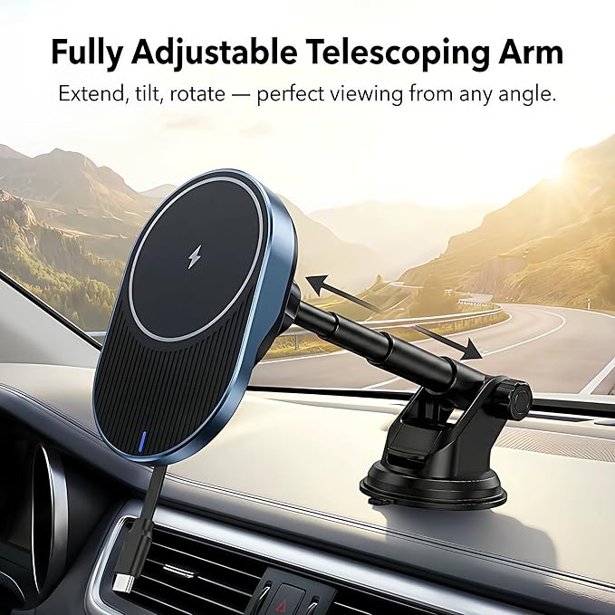 IJS Magnetic Wireless Car Charger with Built-in Retractable Cable – Extendable Windshield &amp Dashboard Phone Mount – 15W Magsafe Compatible – Fast Charging for iPhone 17/16/15/14/13/12 Samsung Pi