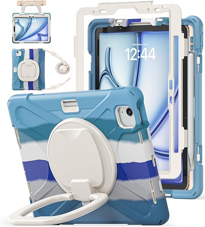 BATYUE Case for Air 11-inch M4 (2026)/ M3 (2025)/ M2 (2024) iPad Air 5th/4th 10.9 inch(2022/2020) iPad Pro 11 4th/3rd/2nd/1st Kid Cover with 360° Rotating Stand Pencil Holder Strap Blue