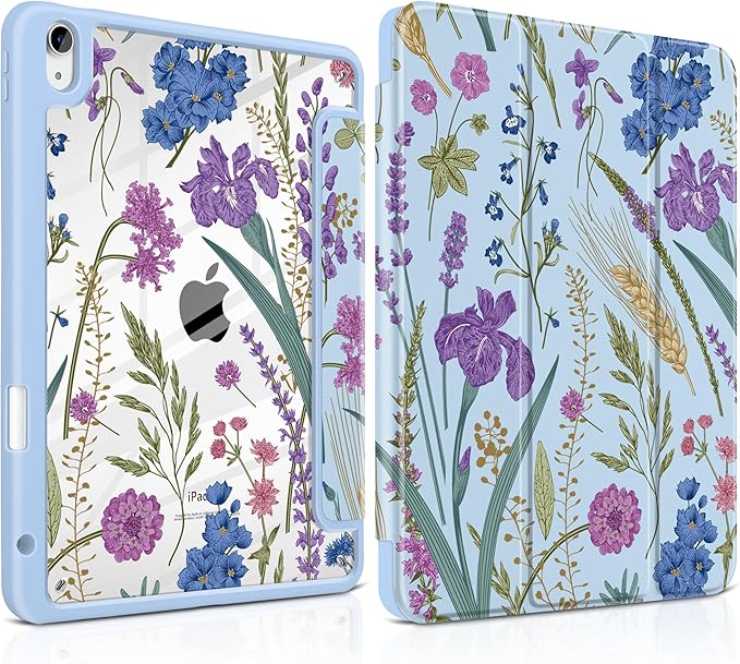 DONGKE Case for iPad Air 11-inch M4 2026 &amp M3 2025 &amp M2 2024 iPad Air 5th/4th Gen 10.9 2022/2020 [Built-in Pencil Holder] Clear Acrylic Back Trifold Stand Smart Cover Blue Botanical Wildfl