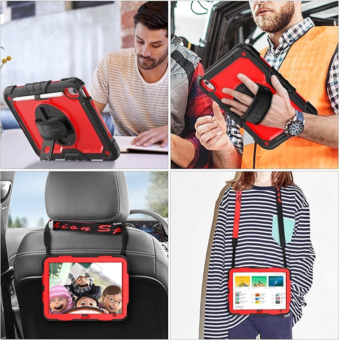 SEYMAC stock Case for iPad (A16) 11th/10th Generation 11''/10.9'' 2025/2022 Full-Body Drop Protection Case with Screen Protector &amp360° Rotate Hand Strap/Stand Red+SiliconeBlack