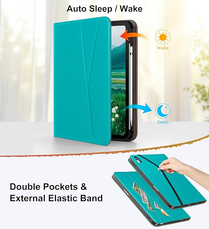 DTTO for iPad A16 Case iPad 11th / 10th Generation Case (2025/2022) 360 Degree Rotating Premium Leather Folio Stand Cover with Pencil Holder Cyan Blue