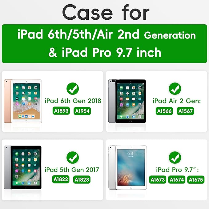 Case for iPad 6th/5th Generation 9.7 inch 2018/2017 Case iPad Air 2/Pro 9.7 inch Heavy Duty Protective Cover with 360° Rotate Handle Stand Pencil Holder Shoulder Strap (Black)