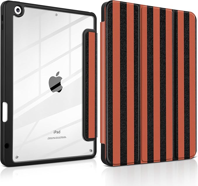 DONGKE for iPad 9th/8th/7th Generation Case 10.2 Inch (2021/2020/2019) [Auto Sleep/Wake &amp Pencil Holder] Clear Acrylic Back Trifold Stand Cover Orange Stripes